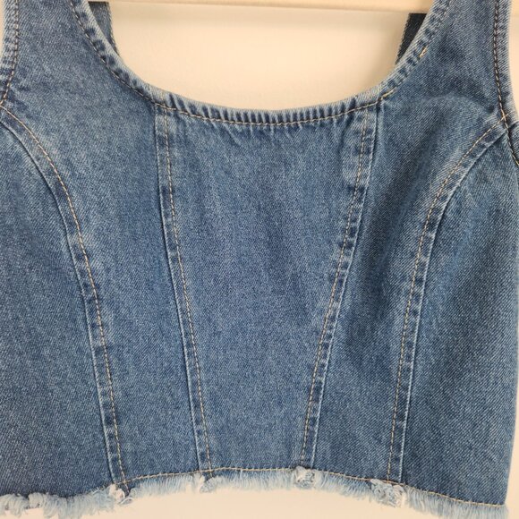 Lone Star Size M Denim Raw Front Hem Sleeveless Pullover Crop Top Ruched Back - Picture 3 of 10
